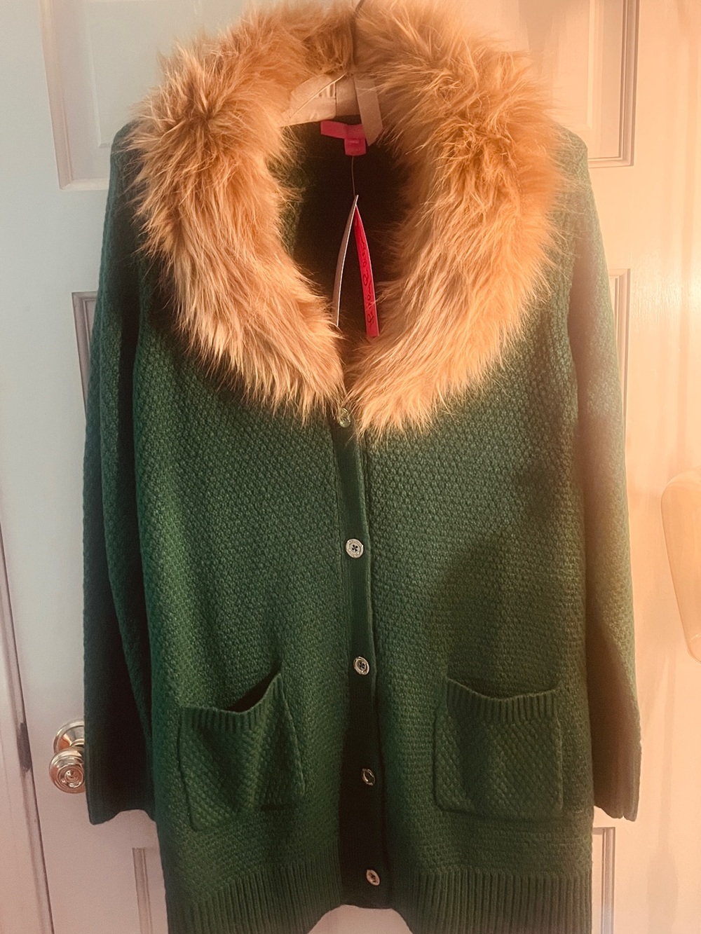 Lilly Pulitzer Forest Green Knit Cardigan with Tan Faux Fur Collar